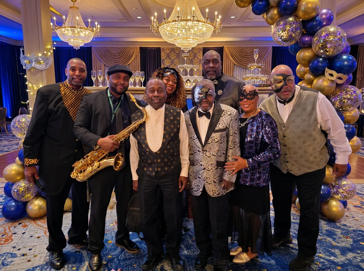 Decade’s Band musicians at a formal masquerade gala